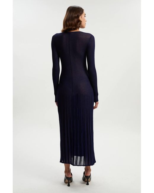 Karen Millen Blue Drapey Sheer Rib Knitted Midi Dress
