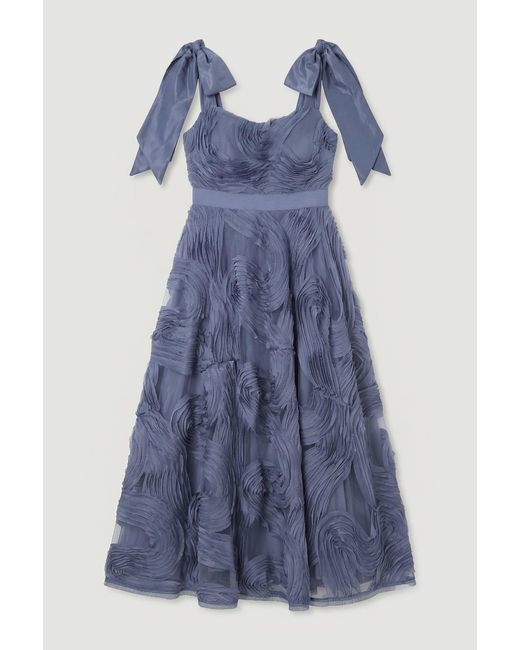 Karen Millen Blue Textured Ruffle Woven Midi Prom Dress