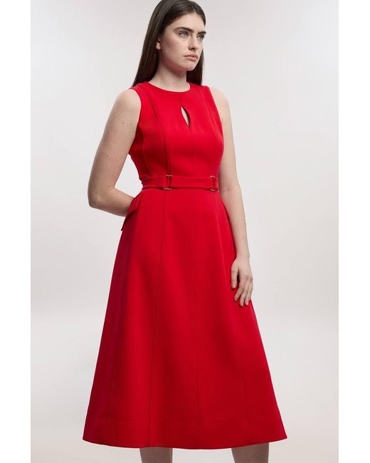 Karen Millen Red Petite Compact Stretch Belted Seamed Full Skirted Midi Dress