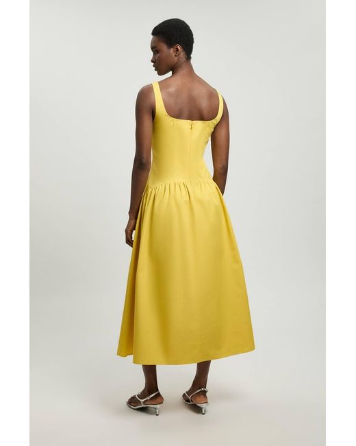 Karen Millen Yellow Tailored Cotton Sateen Full Midi Dress