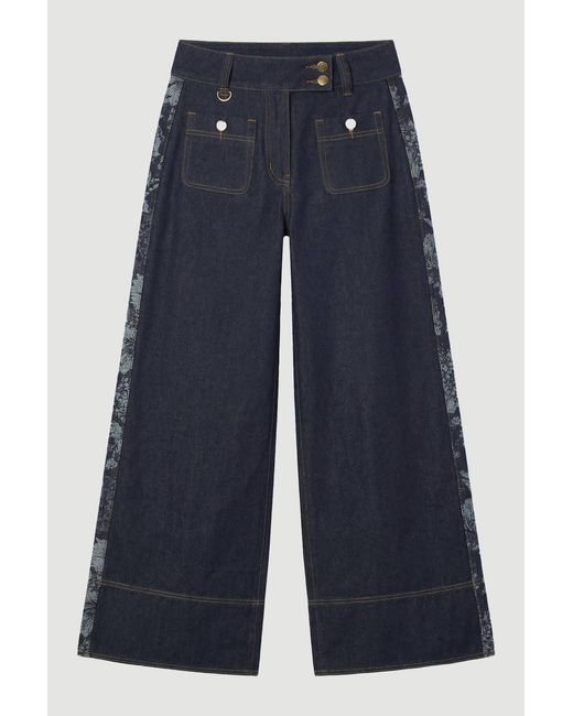 Karen Millen Black Denim & Jacquard Contrast Wide Leg Jeans