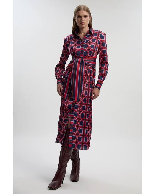 Karen Millen Geo Print Hammered Satin Tie Waist Woven Midi Dress