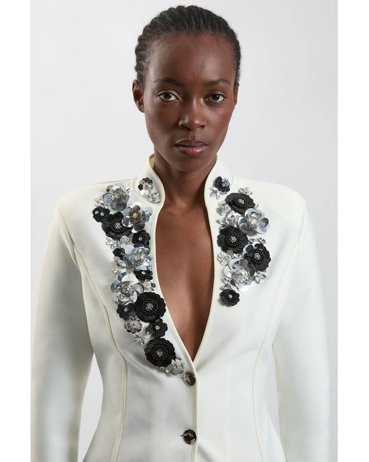 Karen Millen White Embellished Figure Form Fitted Blazer Jacket