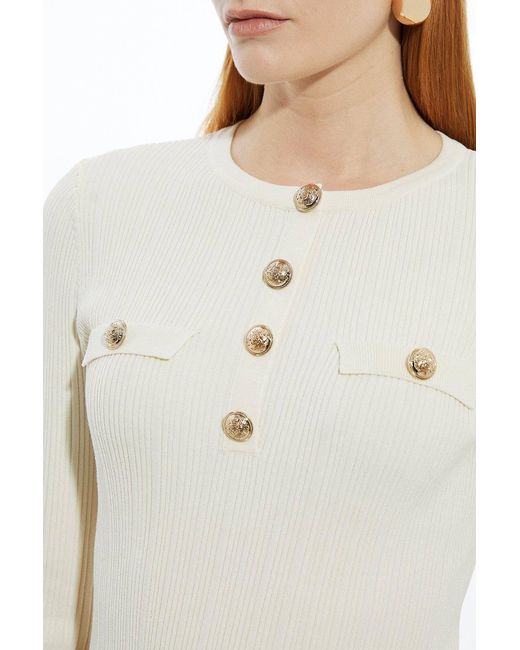 Karen Millen Natural Forever Military Trim Rib Long Sleeve Knit Top
