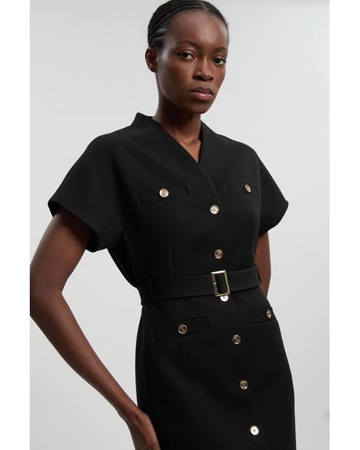 Karen Millen Black Petite Textured Compact Stretch High Neck Belted Mini Dress