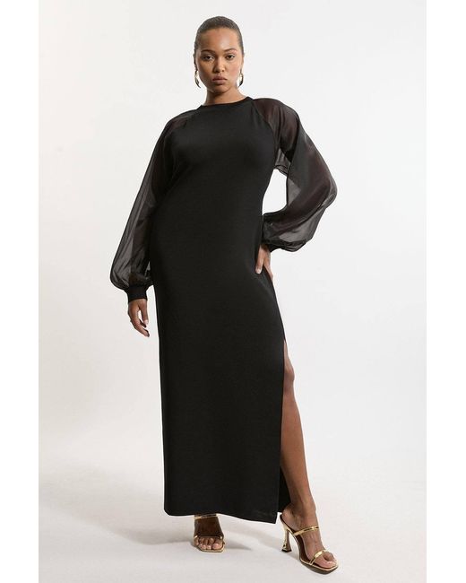 Karen Millen Black Viscose Blend Compact Knit Chiffon Sleeve Maxi Dress