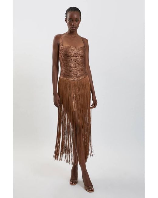 Karen Millen Brown Foil Metallic Figure Form Bandage Fringed Knit Maxi Dress