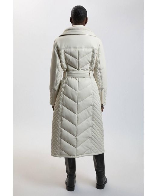Karen Millen Natural Padded Faux Leather & Faux Fur Mix Midi Coat