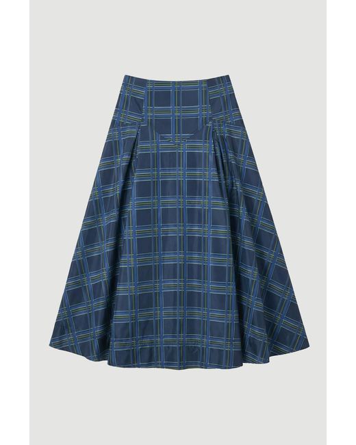 Karen Millen Blue Check Print Taffeta Woven Maxi Skirt