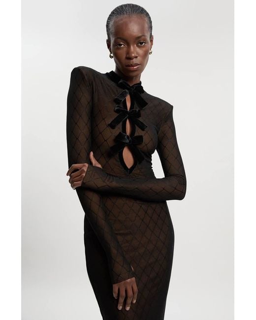 Karen Millen Black Mesh With Velvet Bow Trim Detail Long Sleeve Midi Dress
