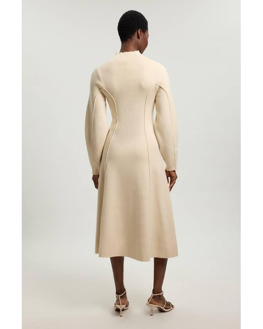 Karen Millen Natural Wool Look Rounded Sleeve High Neck Knit Midi Dress