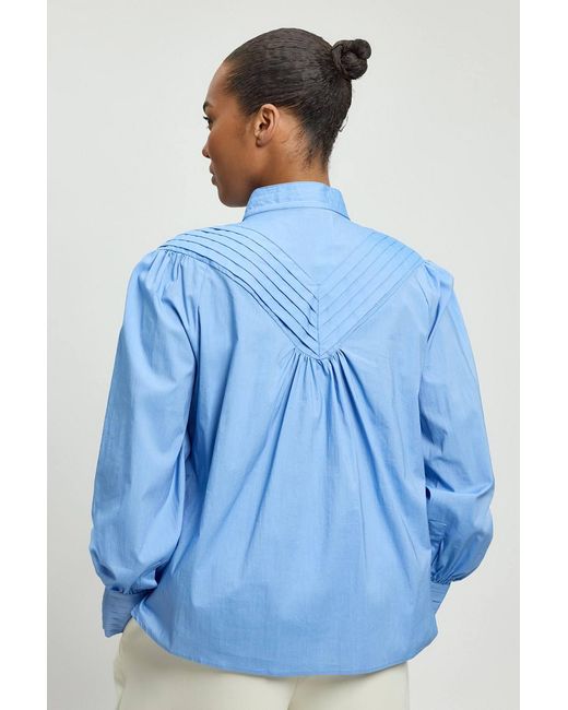 Karen Millen Blue Plus Size Cotton Pleated High Neck Balloon Sleeve Woven Blouse