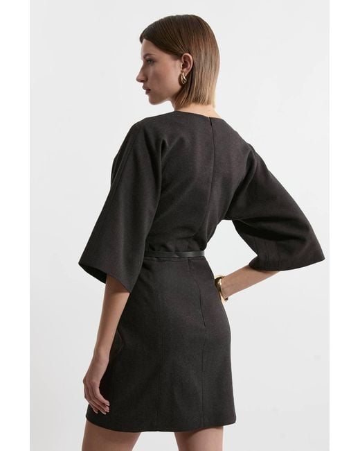 Karen Millen Black Flannel Tailored Belted Dress
