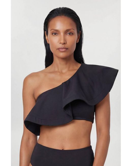 Karen Millen Black Drama Ruffle One Shoulder Bikini Top