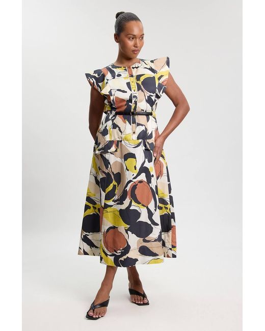 Karen Millen White Plus Size Abstract Print Viscose Linen Woven Ruffle Sleeve Midi Dress
