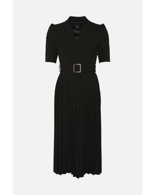 Karen Millen Black Petite Tailored Structured Crepe Forever Pleat Belted Midi Dress