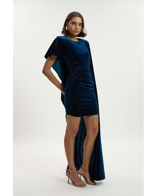 Karen Millen Blue Stretch Velvet Jersey Cape Shoulder Mini Dress
