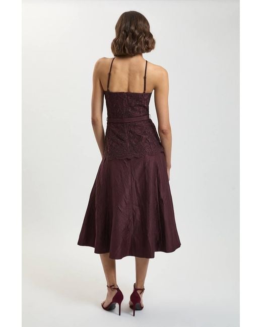 Karen Millen Purple Textured Sateen Lace Halter Neck Belted Midi Dress