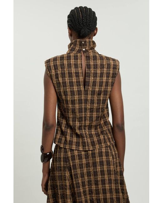 Karen Millen Brown Beaded Check Print High Neck Top