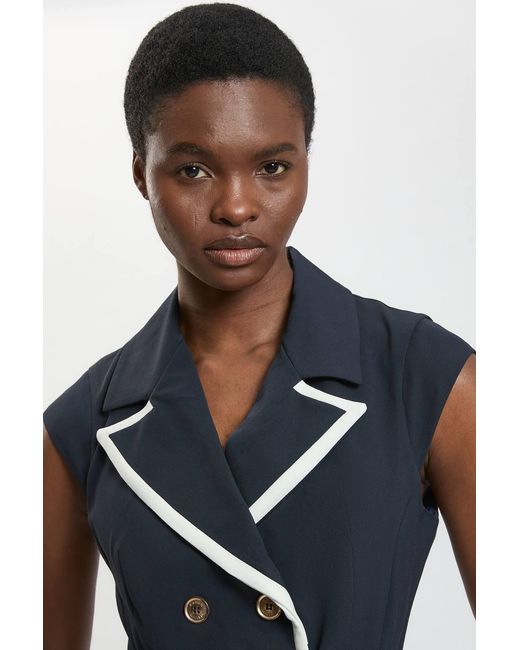 Karen Millen Blue Compact Stretch Double Breasted Belted Tipped Tailored Midi Dress