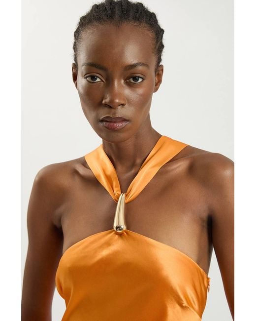 Karen Millen Orange Viscose Satin Halter Neck Maxi Dress