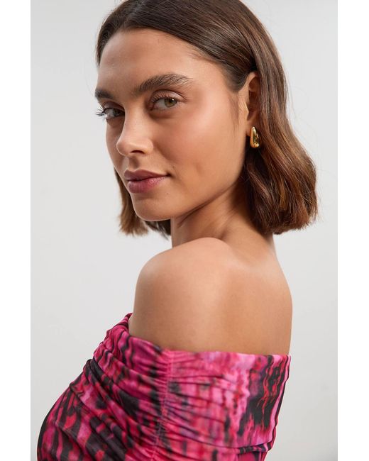 Karen Millen Red Animal Print Off The Shoulder Ruched Bodysuit