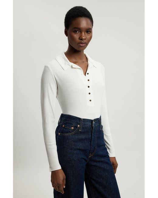 Karen Millen White Viscose Rib Jersey Long Sleeve Collared Button Top