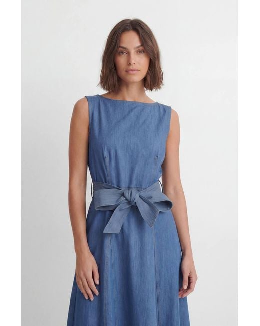 Karen Millen Blue Denim Belted Full Skirt Tailored Dress