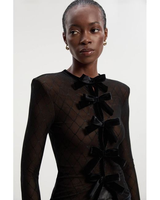 Karen Millen Black Mesh With Velvet Bow Trim Detail Crew Neck Long Sleeve Top