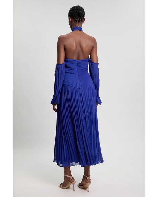 Karen Millen Blue Crinkle Cold Shoulder Georgette Woven Maxi Dress