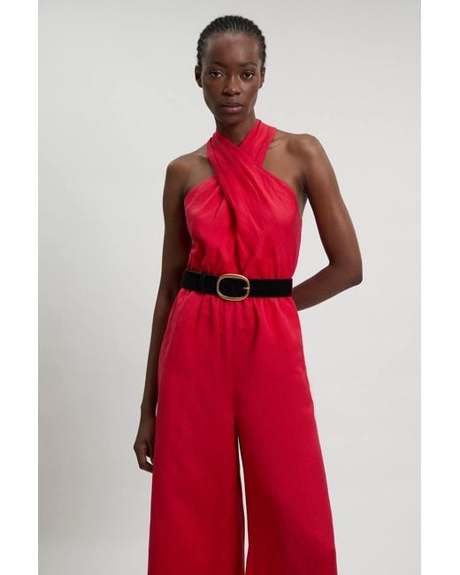 Karen Millen Red Viscose Linen Belted Halterneck Woven Jumpsuit
