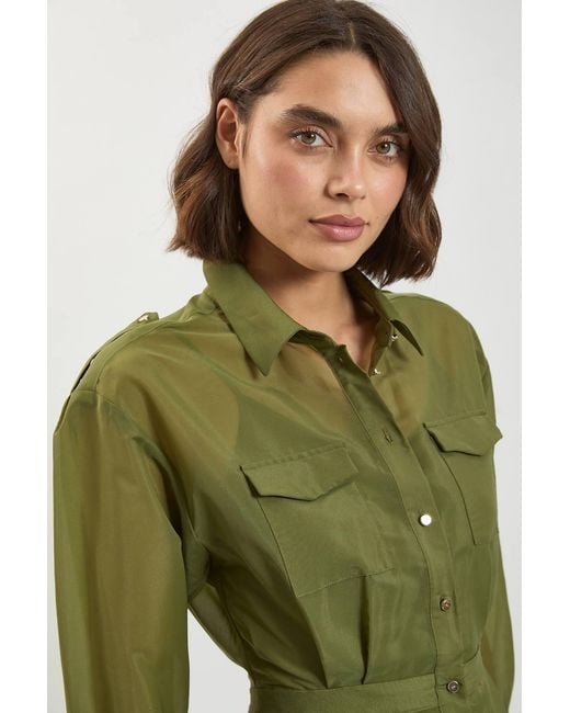 Karen Millen Green Trim Detail Organdie Midi Shirt Dress