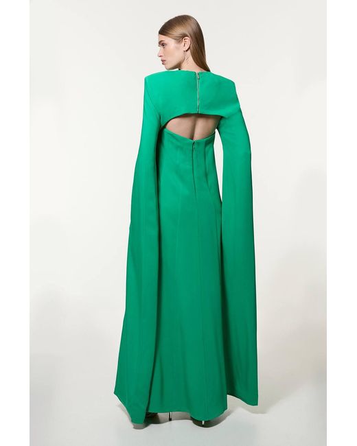 Karen Millen Green Premium Bonded Viscose Crepe Detachable Cape Woven Maxi Dress