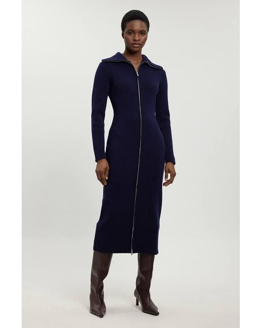 Karen Millen Blue Cotton Zip Through Collar Knitted Midi Dress