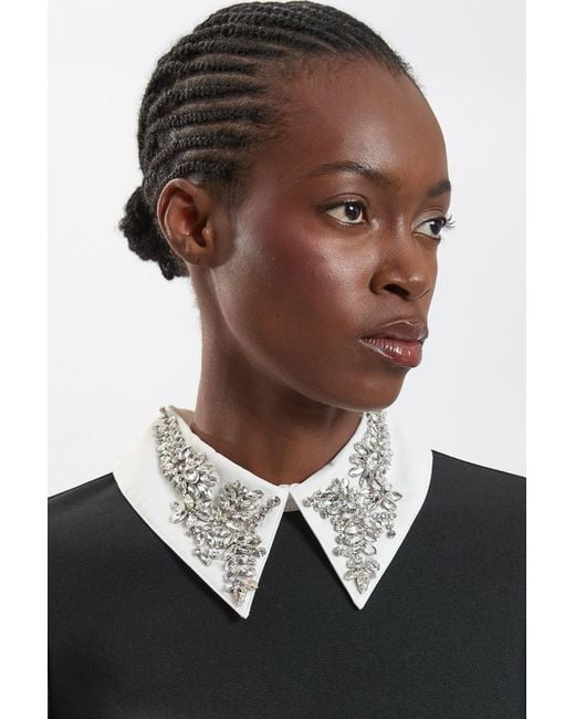 Karen Millen Black Figure Form Bandage Embellished Collar Knit Top