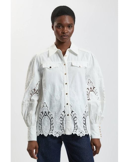 Karen Millen White Petite Cotton Cutwork Balloon Sleeve Woven Shirt