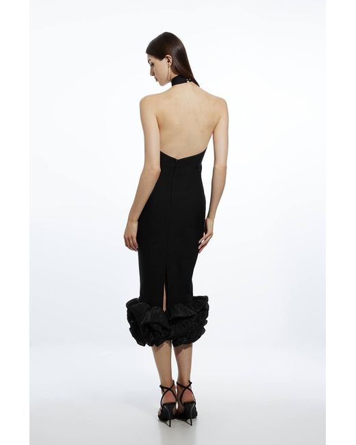 Karen Millen Black Figure Form Bandage Ruffle Hem Halter Knit Midi Dress