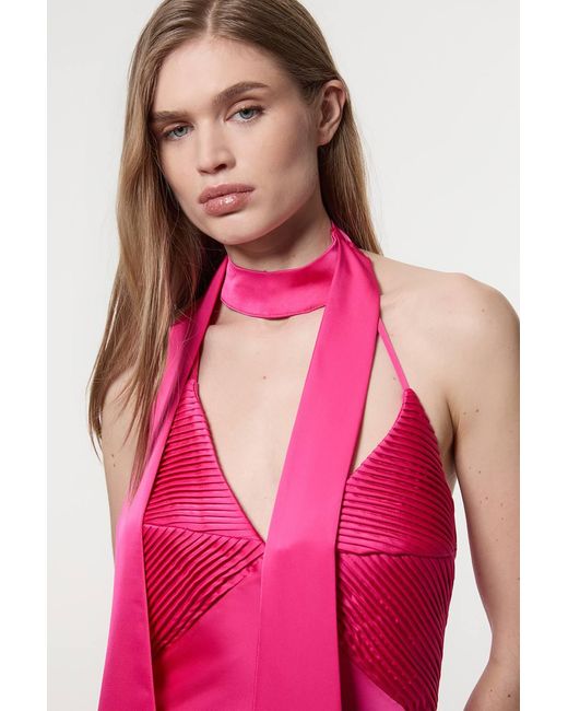 Karen Millen Pink Tall Halter Pleated Woven Maxi Dress