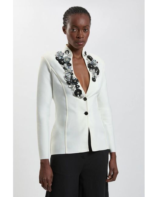 Karen Millen White Embellished Figure Form Fitted Blazer Jacket