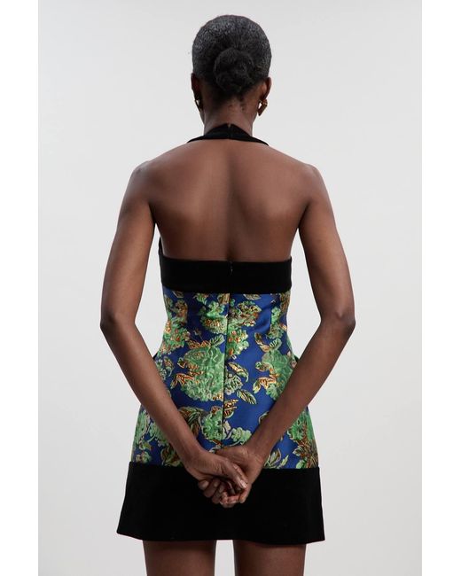 Karen Millen Green Velvet And Jacquard Contrast Halterneck Tailored Mini Dress