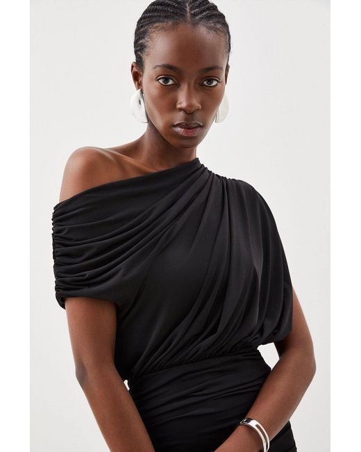 Karen Millen Black Jersey Crepe Asymmetric Neckline Maxi Dress