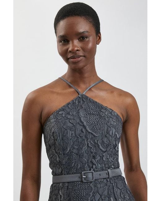 Karen Millen Blue Textured Sateen Lace Halter Neck Belted Midi Dress