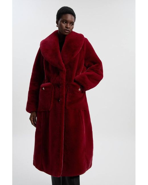 Karen Millen Red Petite Faux Fur Buttoned Midi Coat