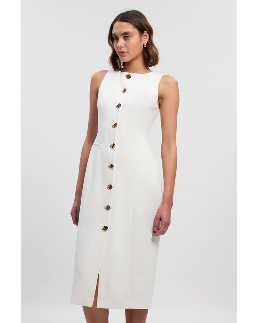 Karen Millen White Petite Compact Essential Button Pencil Midi Dress