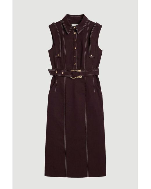 Karen Millen Blue Tailored Top Stitch Detail Belted Midi Dress