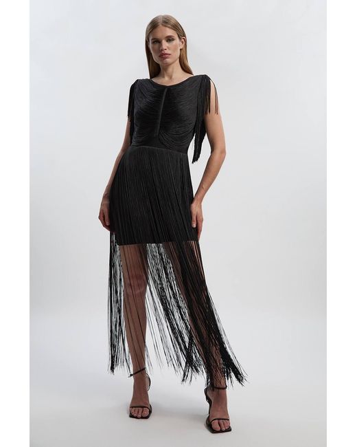 Karen Millen Black Maxi Draped Fringe Knitted Mini Dress