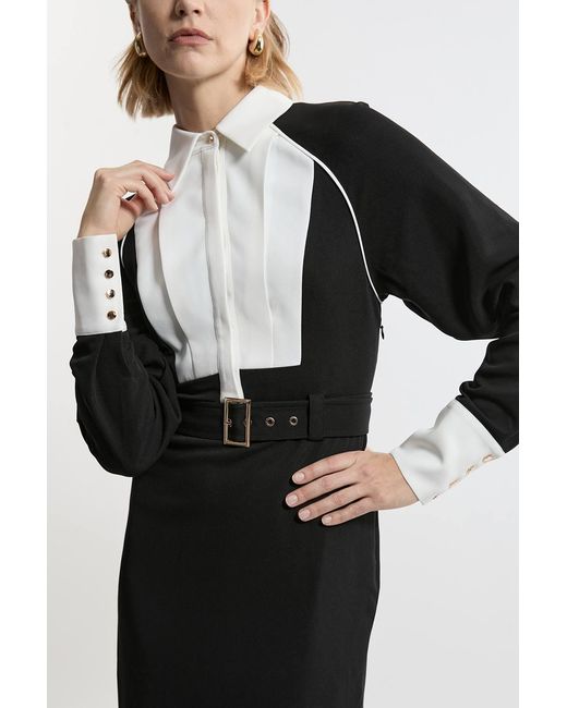 Karen Millen Black Petite Twill Contrast Collar Woven Maxi Dress