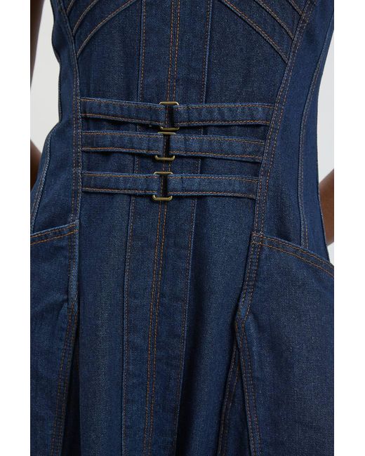 Karen Millen Blue Denim Bandeau Corset Detail Midi Dress