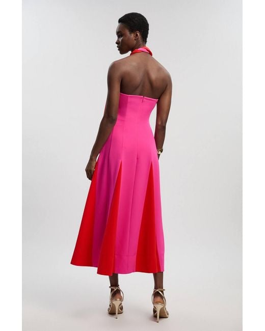 Karen Millen Petite Soft Tailored Colour Block Detail Halter Neck Maxi Dress
