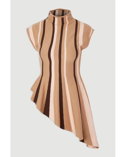 Karen Millen Natural Stripe Viscose Blend Asymmetric Hem Knit Top